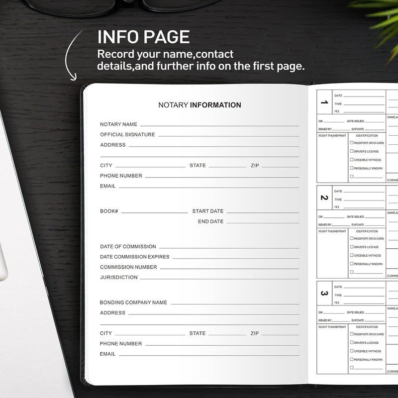 JUBTIC Notary Journal Log Book - A4 Hardcover Notary Public Journal of Notarial Acts - Big Notary Supplies with Privacy Guard - 474 Record Entries, 160 Numbered Pages, 8.5"x11" (Black) - Image 3